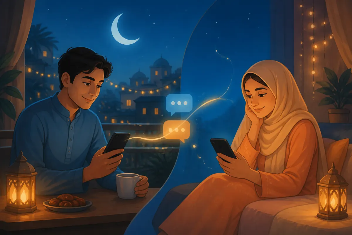 Illustration of crescent moon and lantern glow for peaceful Ramadan night chat tips