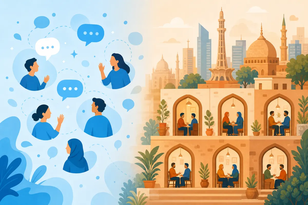 Editorial illustration comparing scattered random chat bubbles with organized Pakistani city chat portals