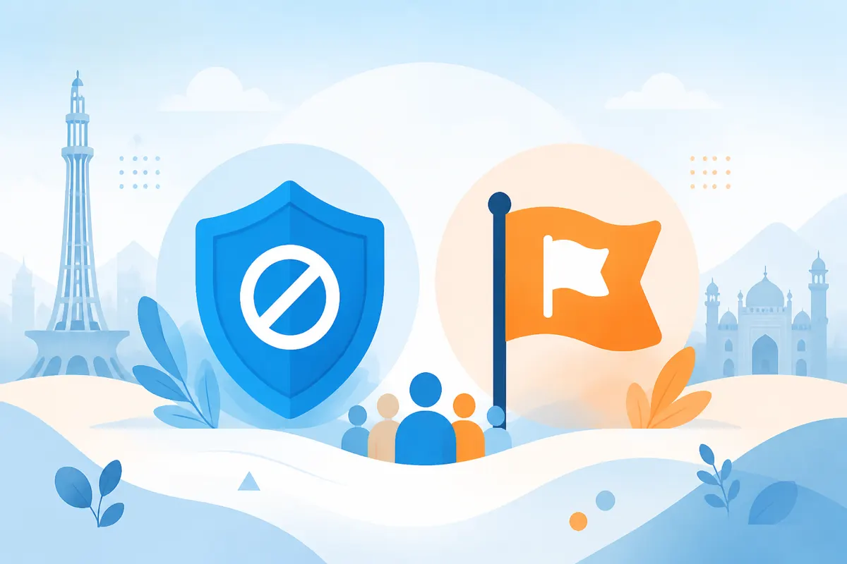 Illustration of shield and flag icons comparing reporting versus blocking in chat