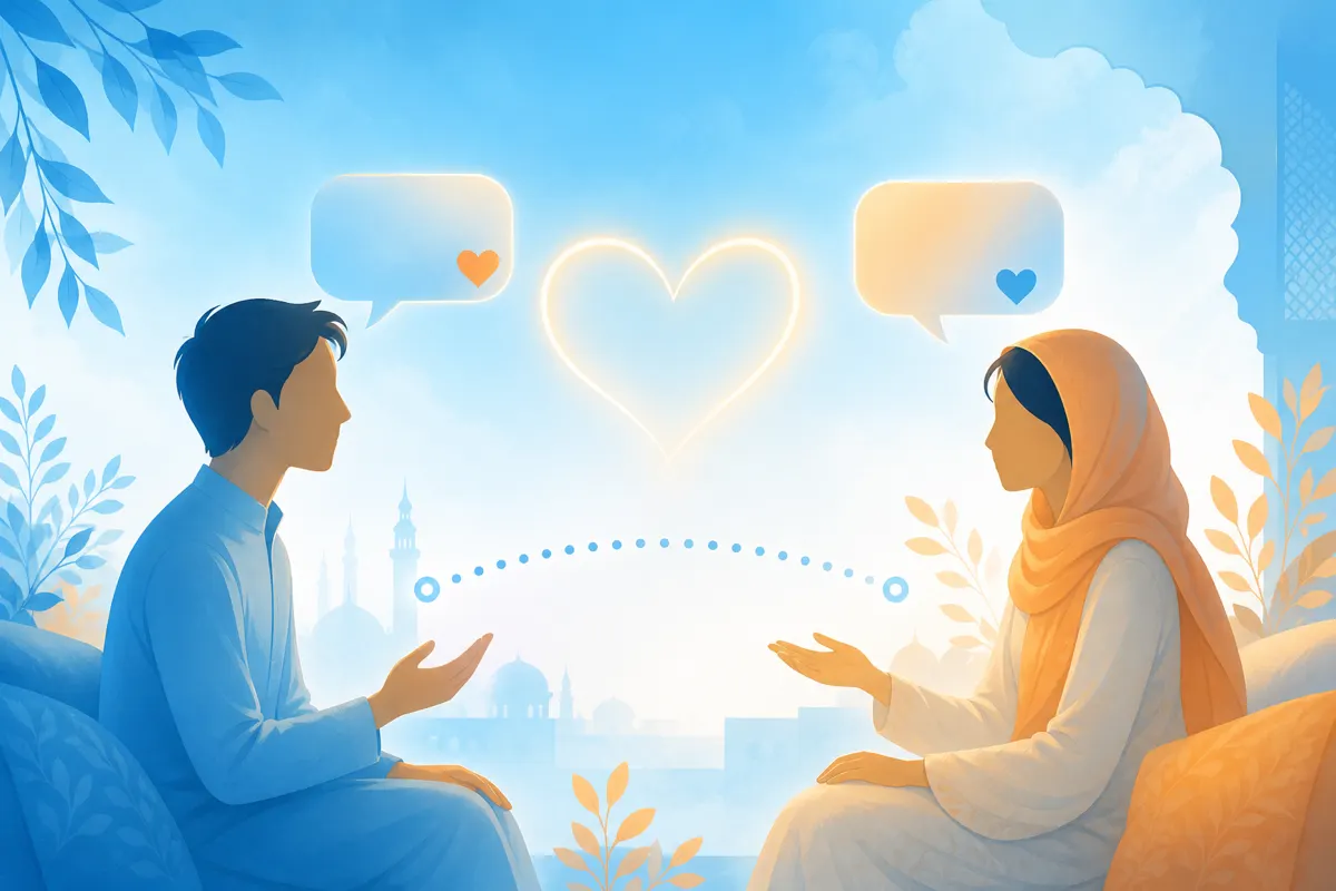 Editorial illustration of two figures sharing a gentle heart with a clear respectful boundary line