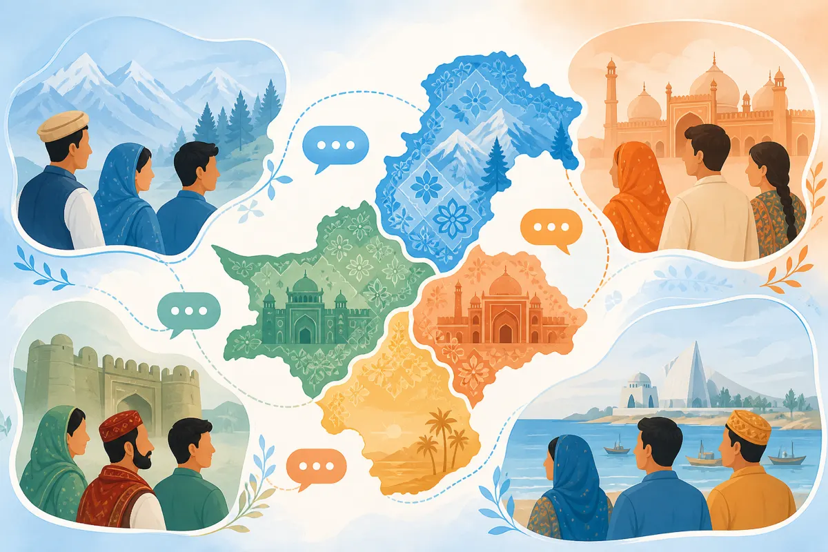 Inclusive illustration of Pakistan’s regions linked by shared chat bubbles celebrating provincial diversity online