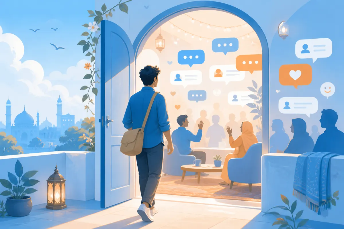 Welcoming illustration of a soft path leading back into a chat room after an account break
