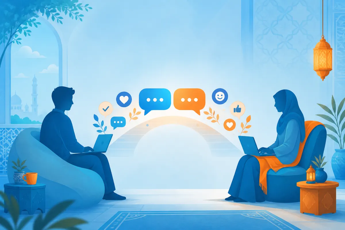 Editorial illustration of two faceless figures connected by balanced sky-blue chat bubbles across a soft orange bridge of trust