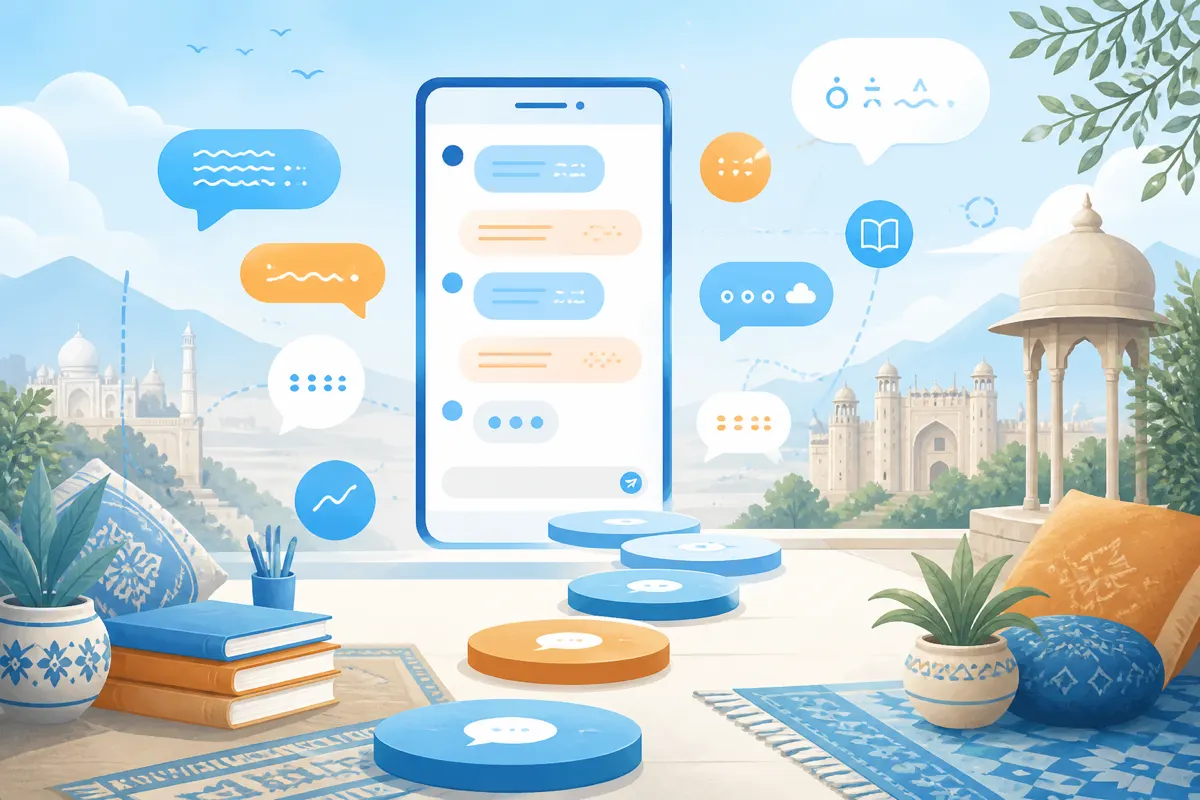 Beginner-friendly illustration of soft word bubbles and stepping stones for simple English in online chat