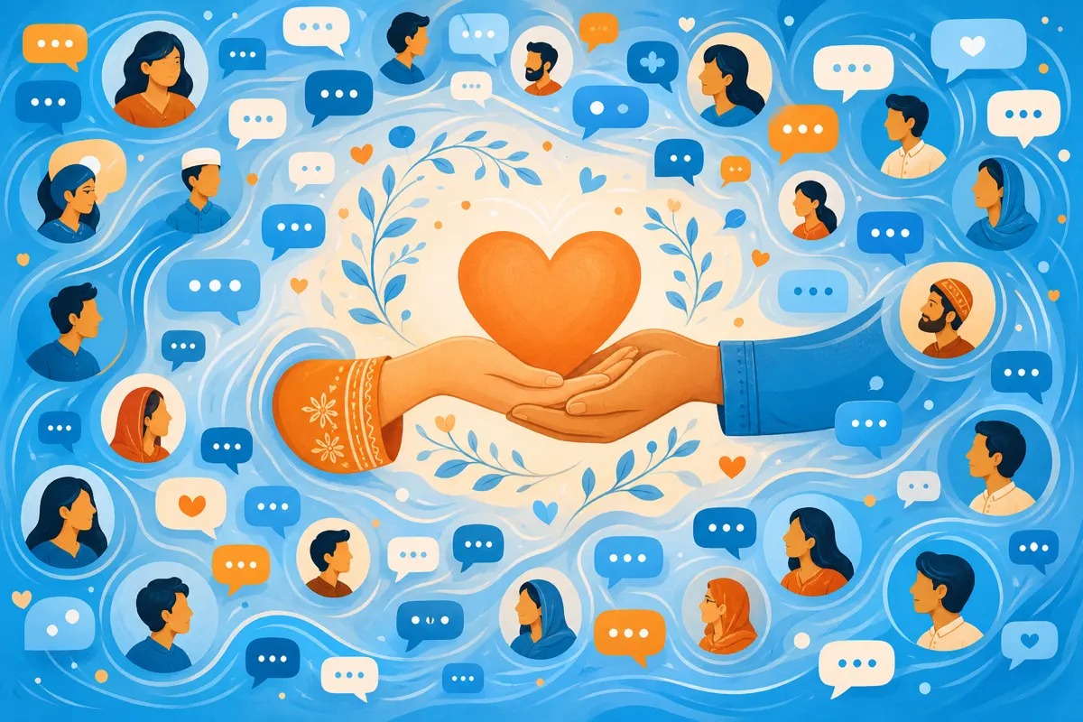 Editorial illustration of a calm kindness heart at the center of busy swirling sky-blue and soft orange chat bubbles