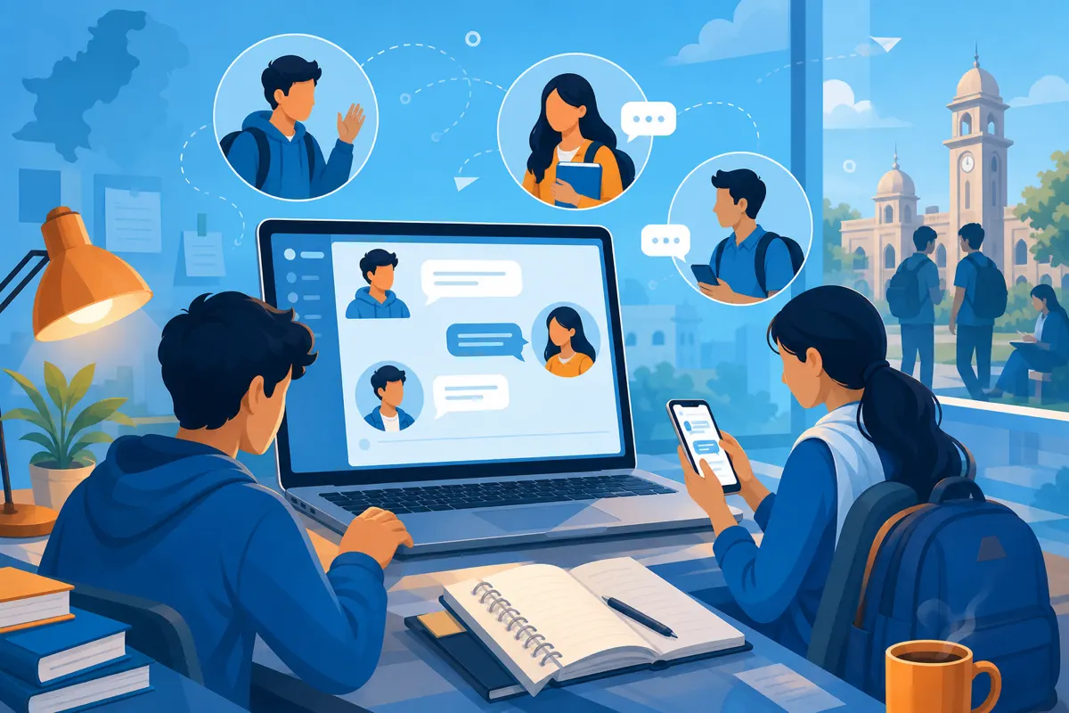 Editorial illustration of students chatting on laptop and phone in a warm sky-blue study atmosphere