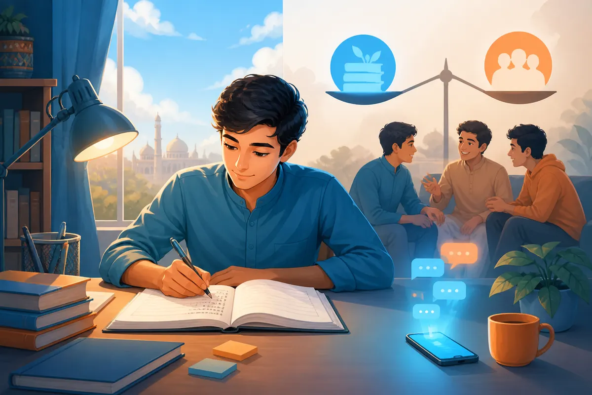 Illustration of a study desk and muted phone glow showing studying and chatting balance