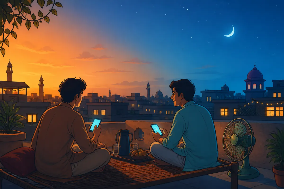 Illustration of hot dusk cooling into late-night chat under a fan and phone glow