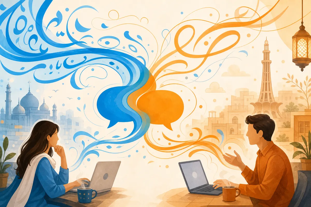 Editorial illustration of intertwining sky-blue and soft orange speech ribbons representing Urdu-English chat mix