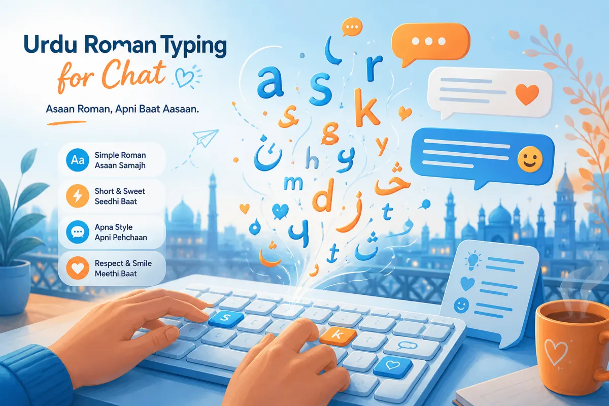 Illustration of a soft keyboard with Roman Urdu letter shapes flowing into friendly chat bubbles