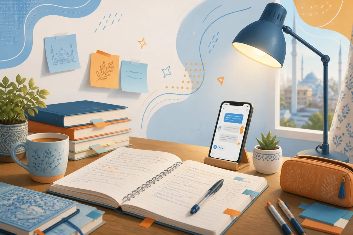 Study-desk illustration with notebook, lamp light, and a calm phone showing brief chat breaks during exams