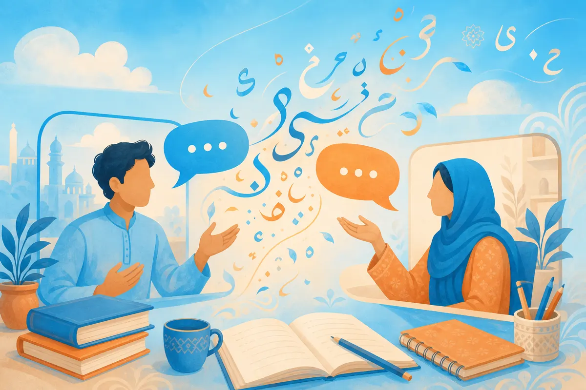 Editorial illustration of chat partners exchanging abstract letterforms for language practice