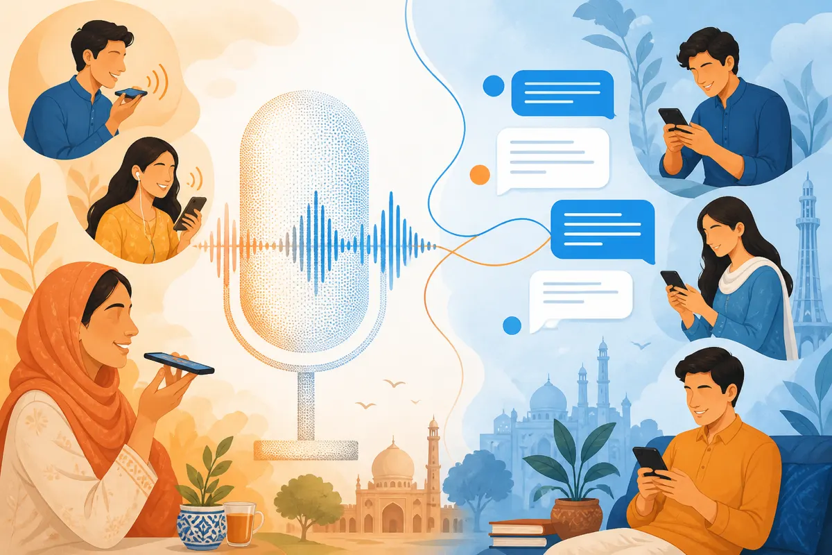 Illustration comparing a voice waveform and text bubbles for Pakistani chat choices