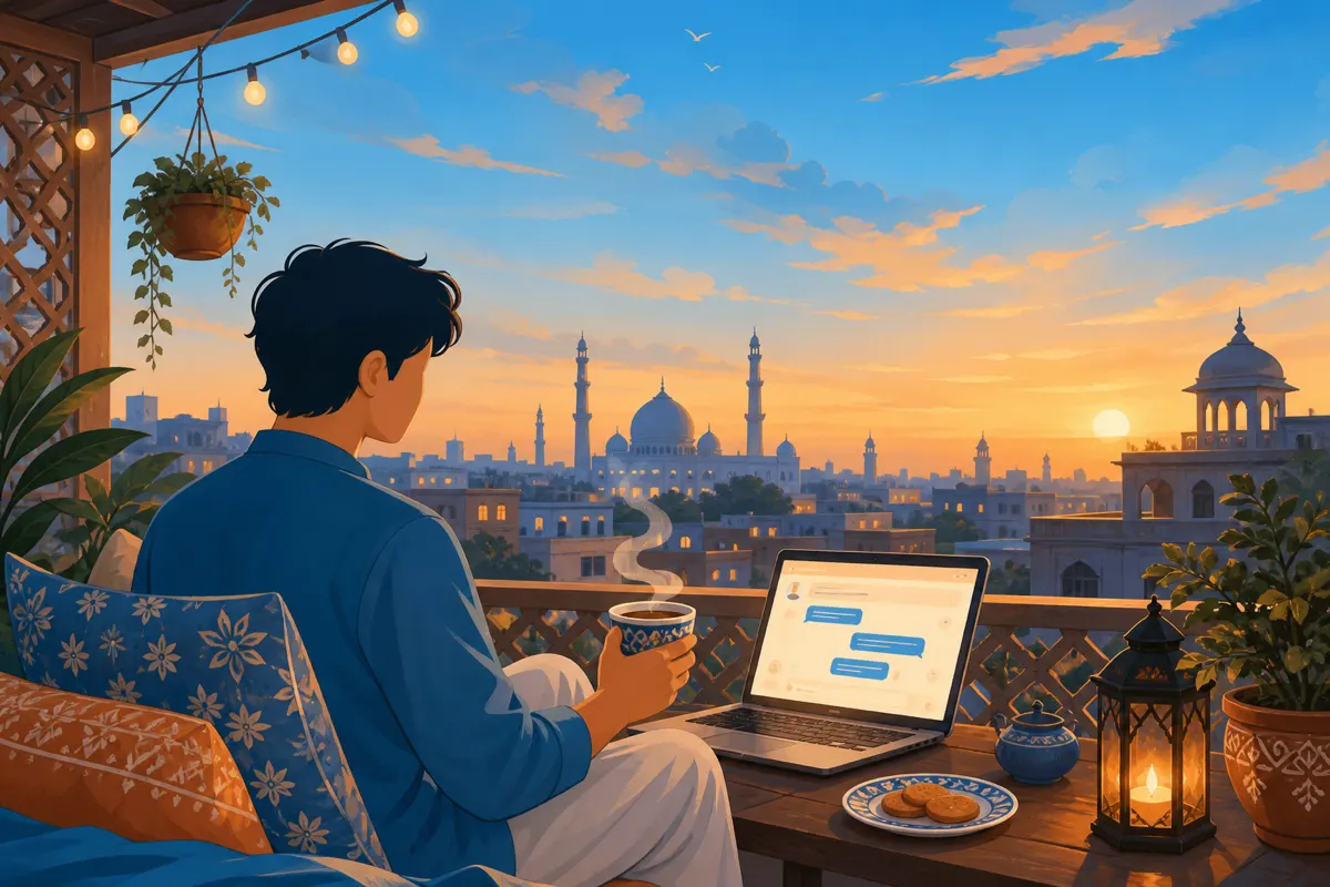 Editorial illustration of a cozy Pakistani weekend balcony with chai and a soft glowing laptop under sky-blue dusk