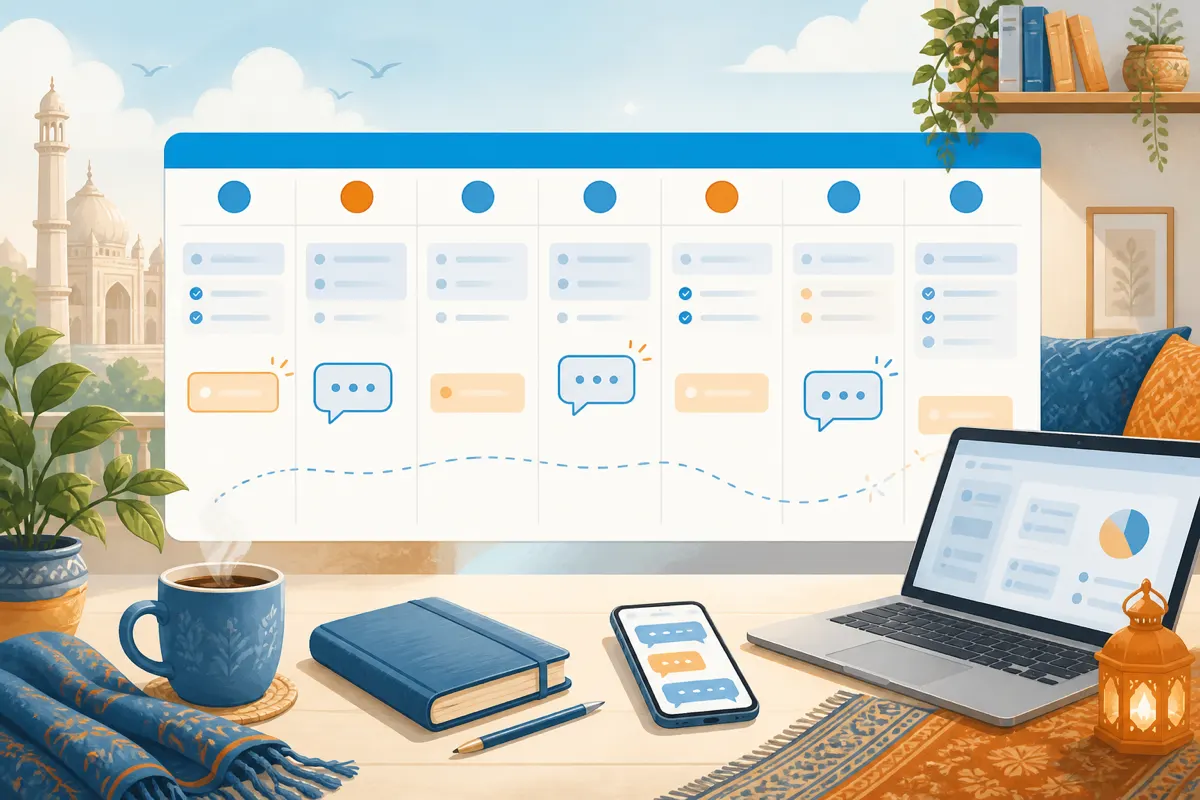 Balanced illustration of a weekly calendar with intentional chat windows between busy day blocks