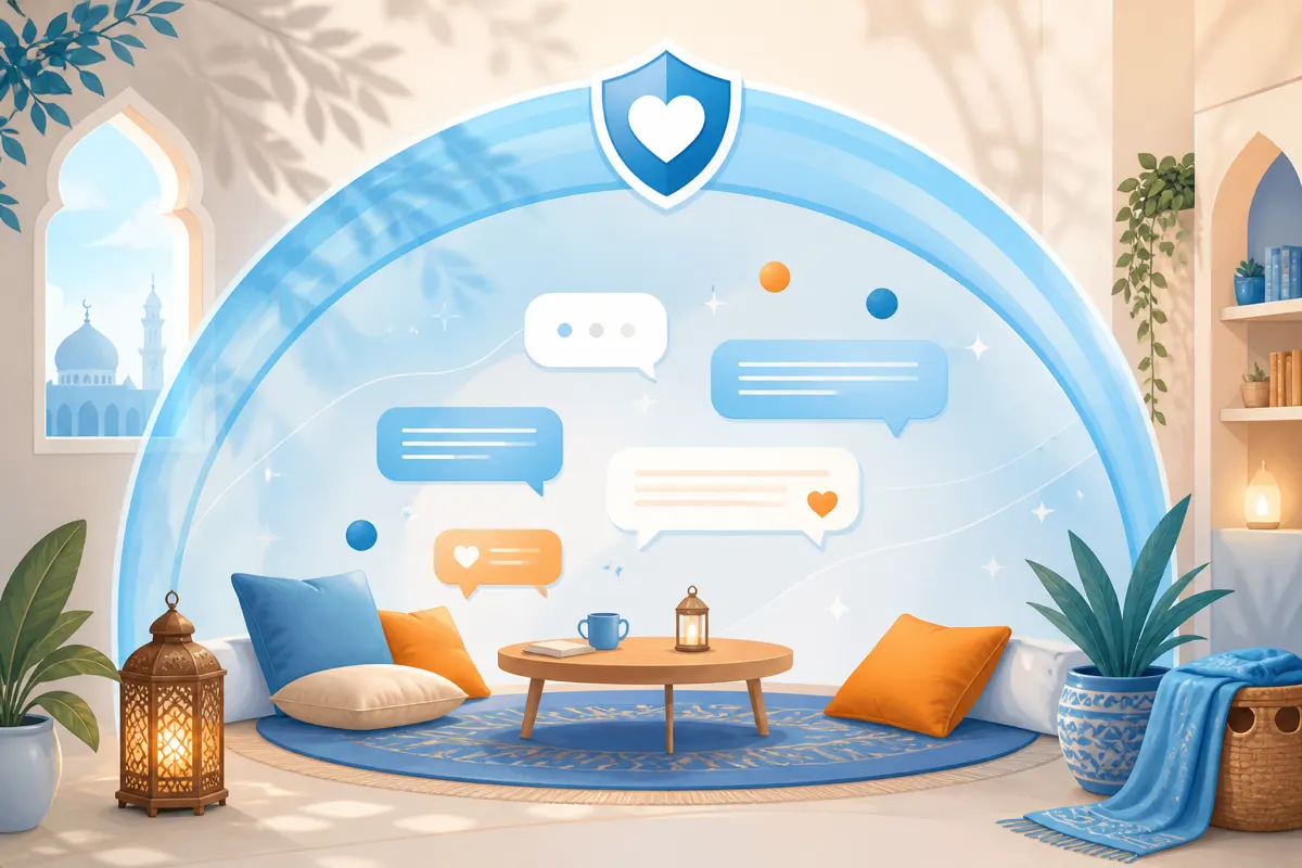 Protective illustration of a soft shield canopy over calm chat bubbles in a safe online room