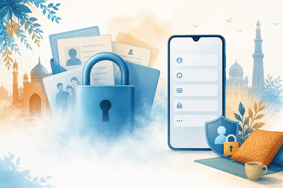 Illustration of a padlock over personal details advising what not to share on the first chat day
