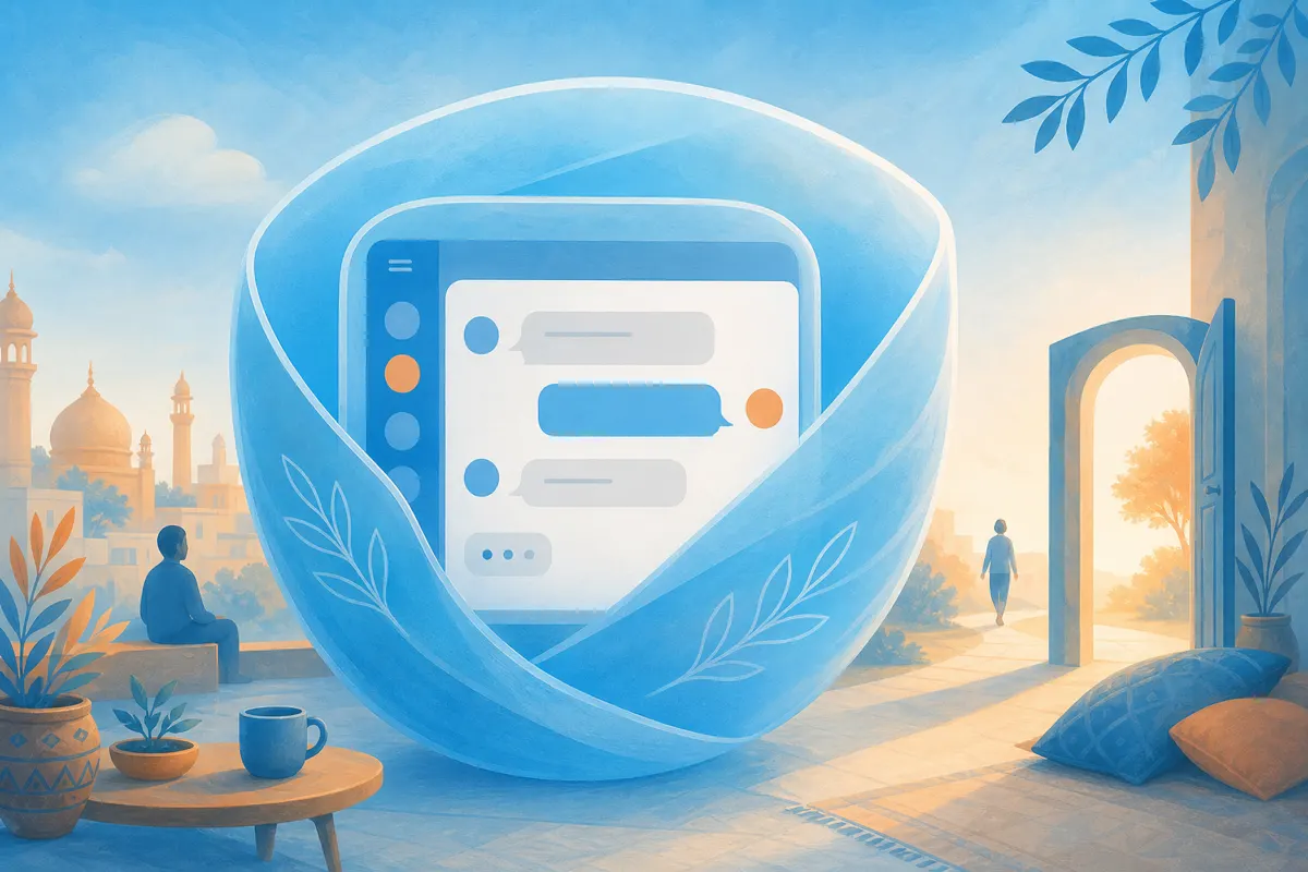 Editorial illustration of a sky-blue protective shield around a chat window with a soft orange exit doorway for safety