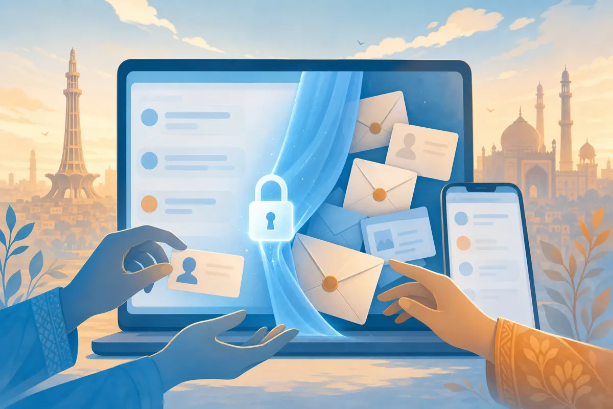 Editorial illustration of a protected chat screen with a soft lock and sealed personal details held back