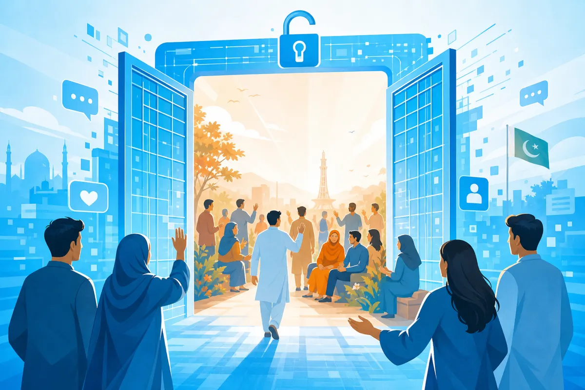 Editorial illustration of an open digital doorway welcoming people into a free sky-blue online chat community