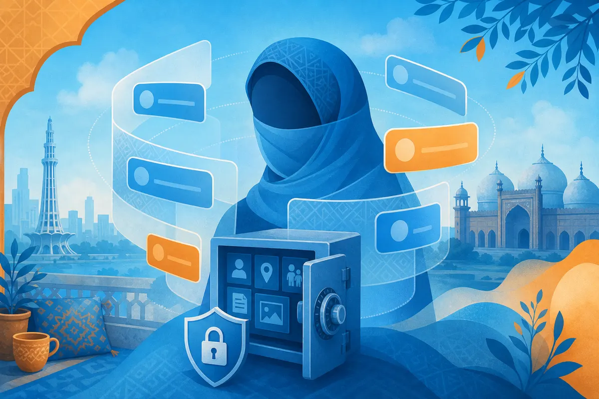 Editorial illustration of a faceless silhouette with a privacy veil and blank nickname tags shielding identity in sky-blue tones