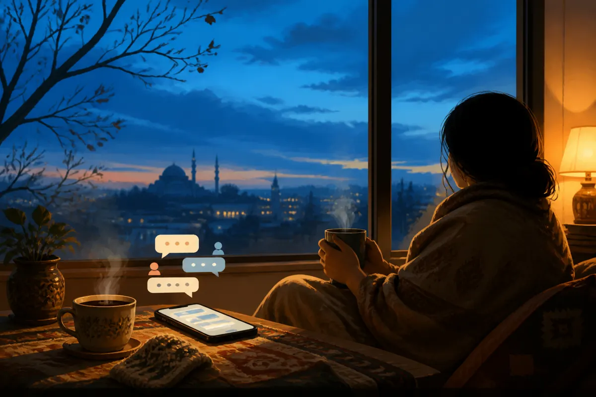 Illustration of a cozy winter window, chai cup, and phone chat for evening habits in Pakistan