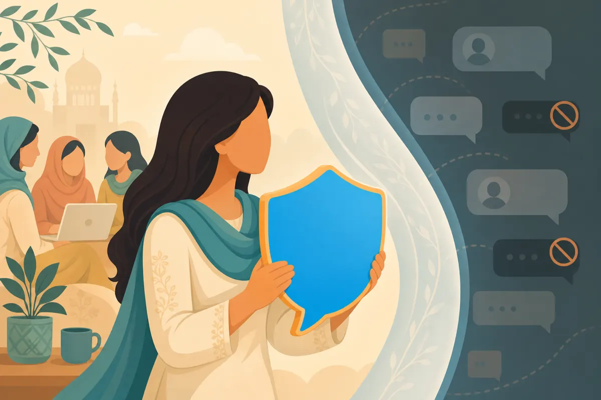 Editorial illustration of a calm figure holding a sky-blue protective shield over online chat bubbles
